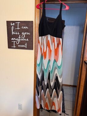 Signature by Robbie Bee Black Bodice Multicolor Wave Maxi Dress